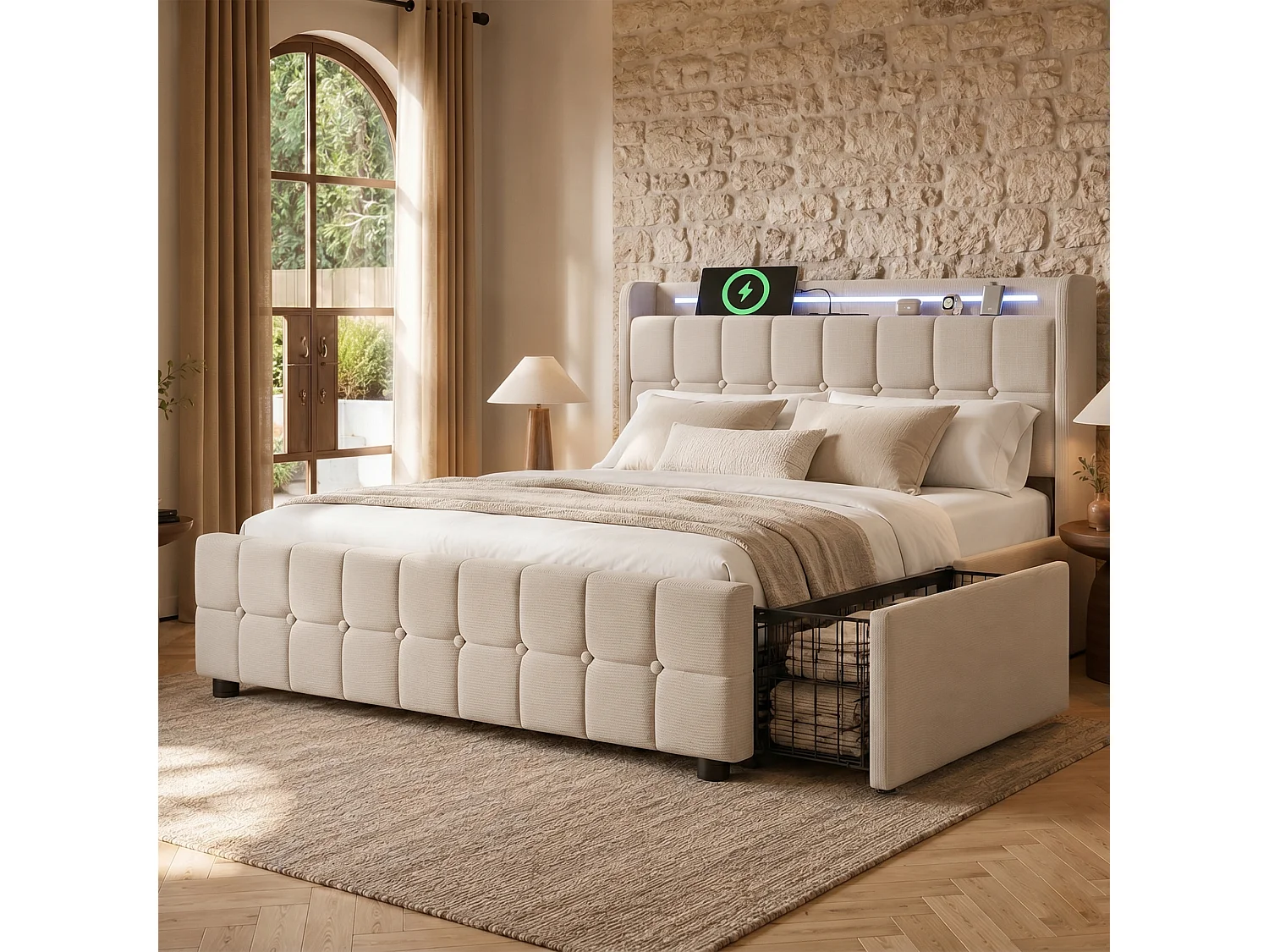 Lit rembourré 180x200cm en lin - avec LED et ports de charge USB - 2 tiroirs - Beige