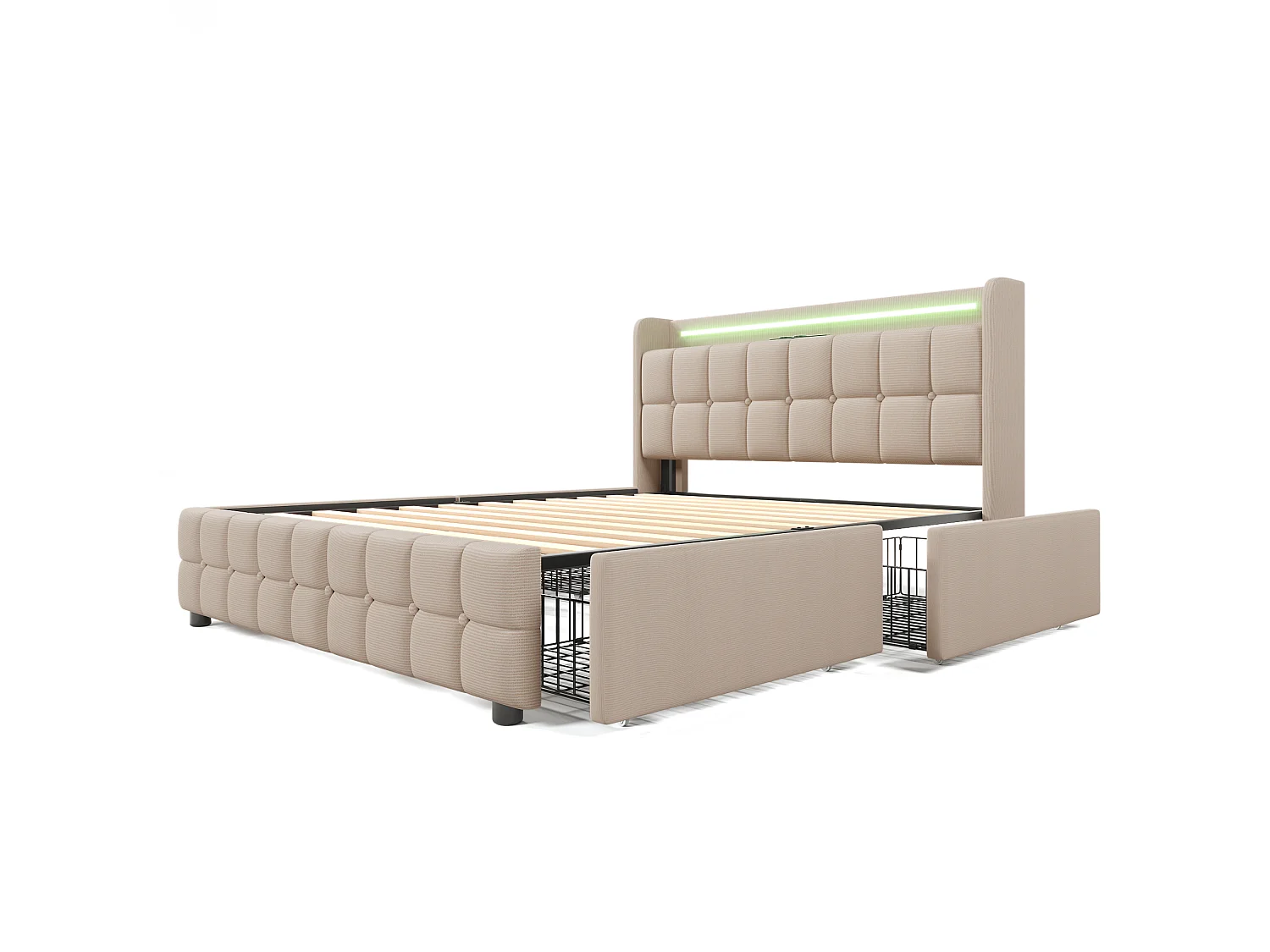 Lit rembourré 180x200cm en lin - avec LED et ports de charge USB - 2 tiroirs - Beige