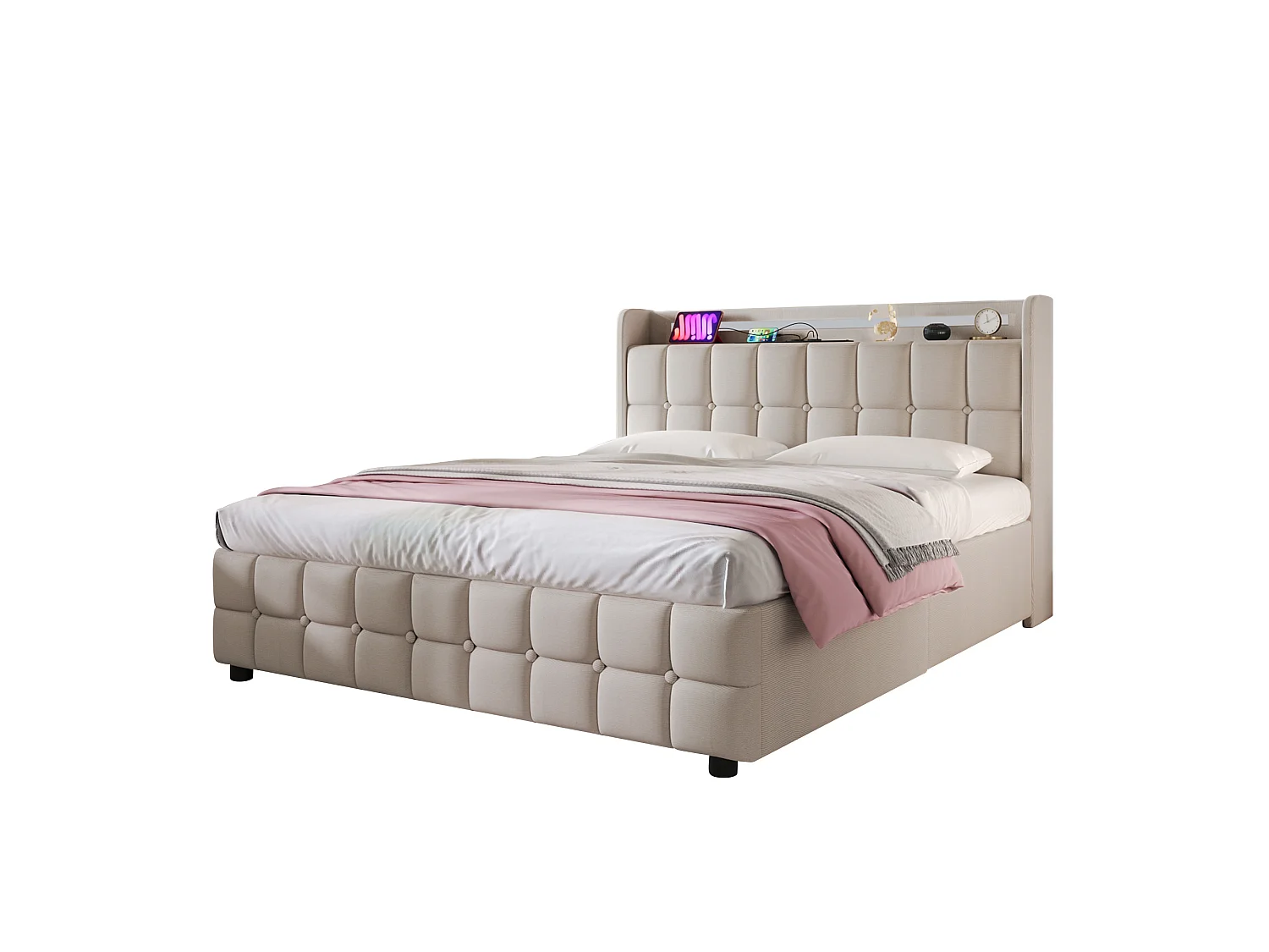 Lit rembourré 180x200cm en lin - avec LED et ports de charge USB - 2 tiroirs - Beige