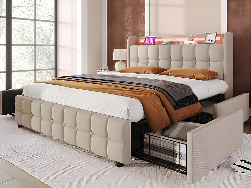 Polsterbett 160x200cm aus Leinen – mit LED- und USB-Ladeanschlüssen – 2 Schubladen – Beige