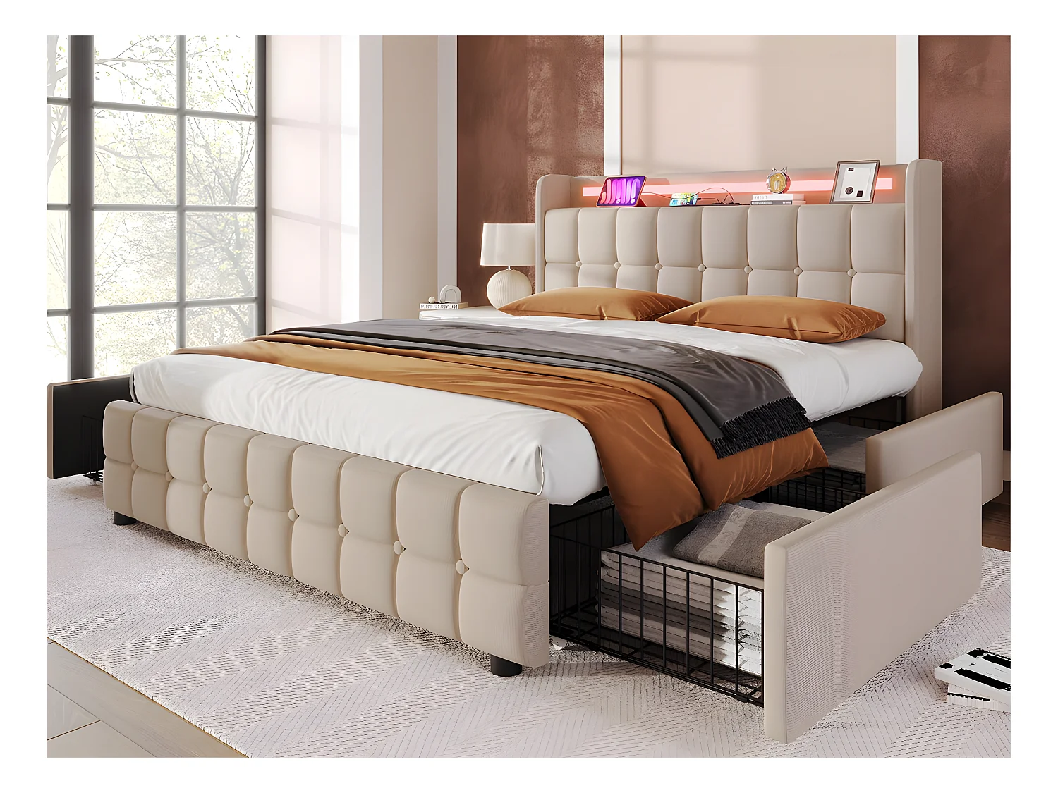 Lit adulte rembourré avec LED et 2 ports de charge USB - 2 tiroirs + sommier à lattes - tissu en lin - 160x200cm - Beige
