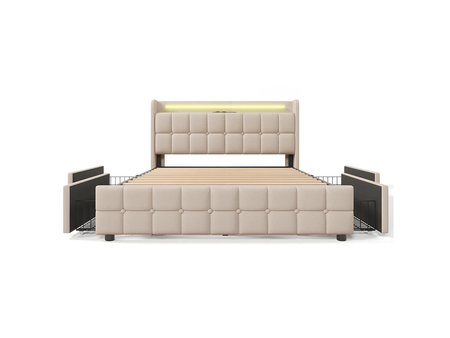 Cama estofada 160x200cm em linho - com portas de carregamento LED e USB - 2 gavetas - Bege