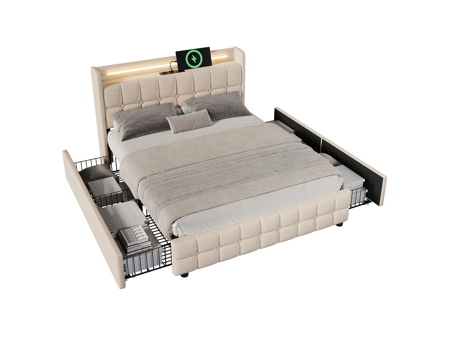 Gestoffeerd bed 160x200cm in linnen - met LED en USB oplaadpoorten - 2 lades - Beige