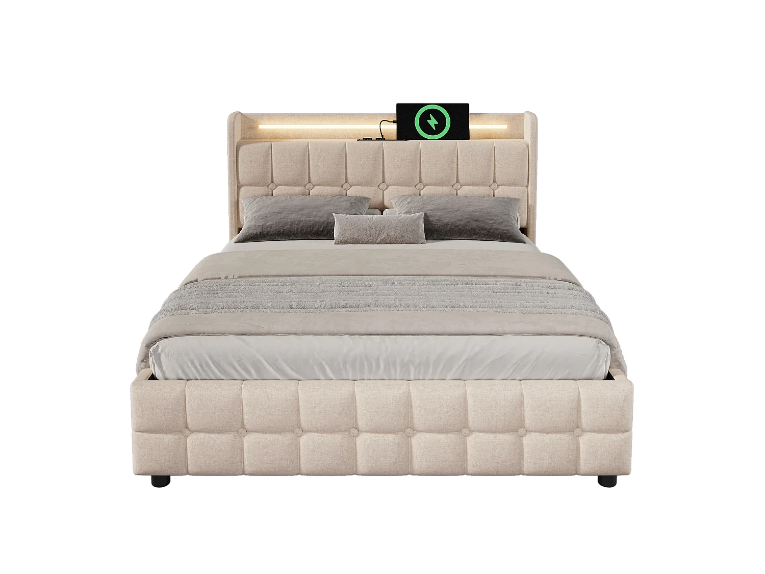 Gestoffeerd bed 160x200cm in linnen - met LED en USB oplaadpoorten - 2 lades - Beige
