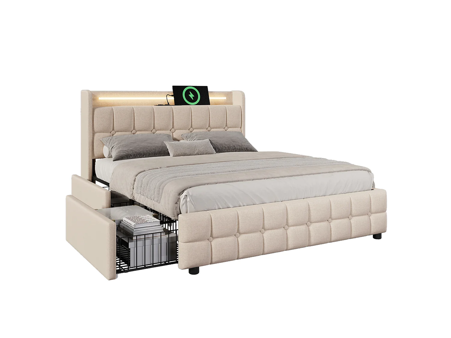 Gestoffeerd bed 160x200cm in linnen - met LED en USB oplaadpoorten - 2 lades - Beige