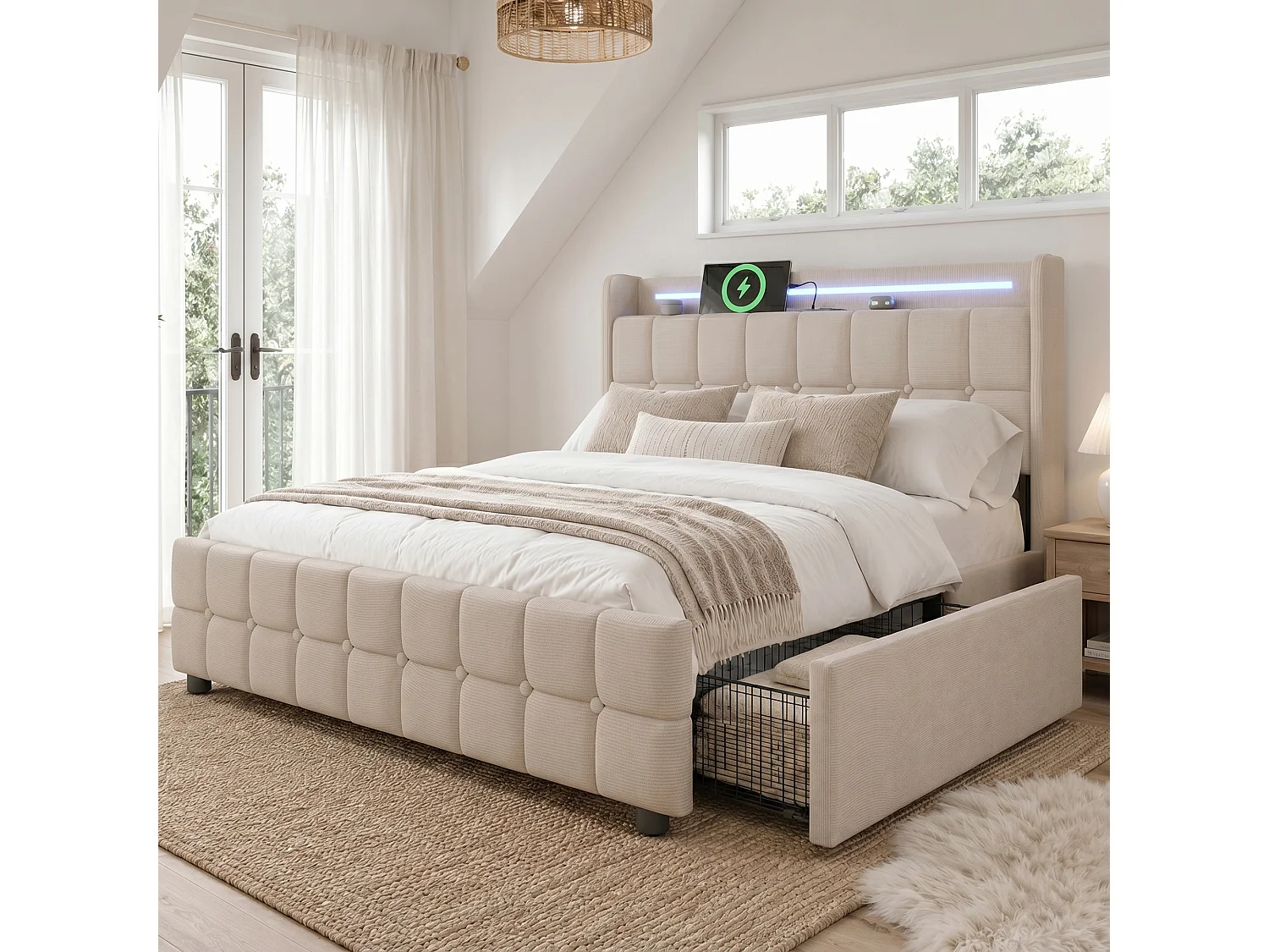 Gestoffeerd bed 160x200cm in linnen - met LED en USB oplaadpoorten - 2 lades - Beige