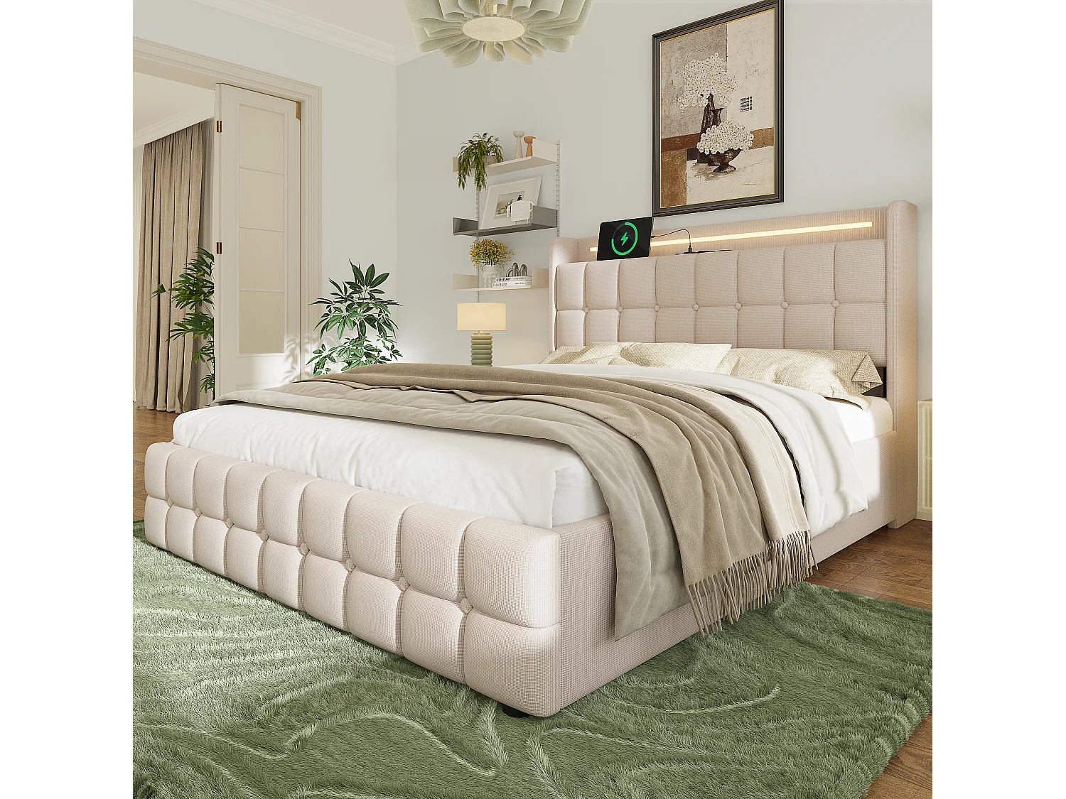 Gestoffeerd bed 160x200cm in linnen - met LED en USB oplaadpoorten - 2 lades - Beige