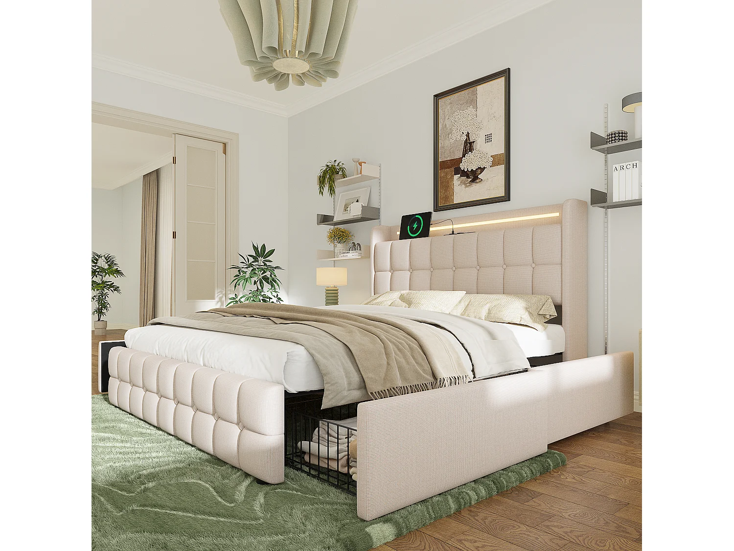 Gestoffeerd bed 160x200cm in linnen - met LED en USB oplaadpoorten - 2 lades - Beige
