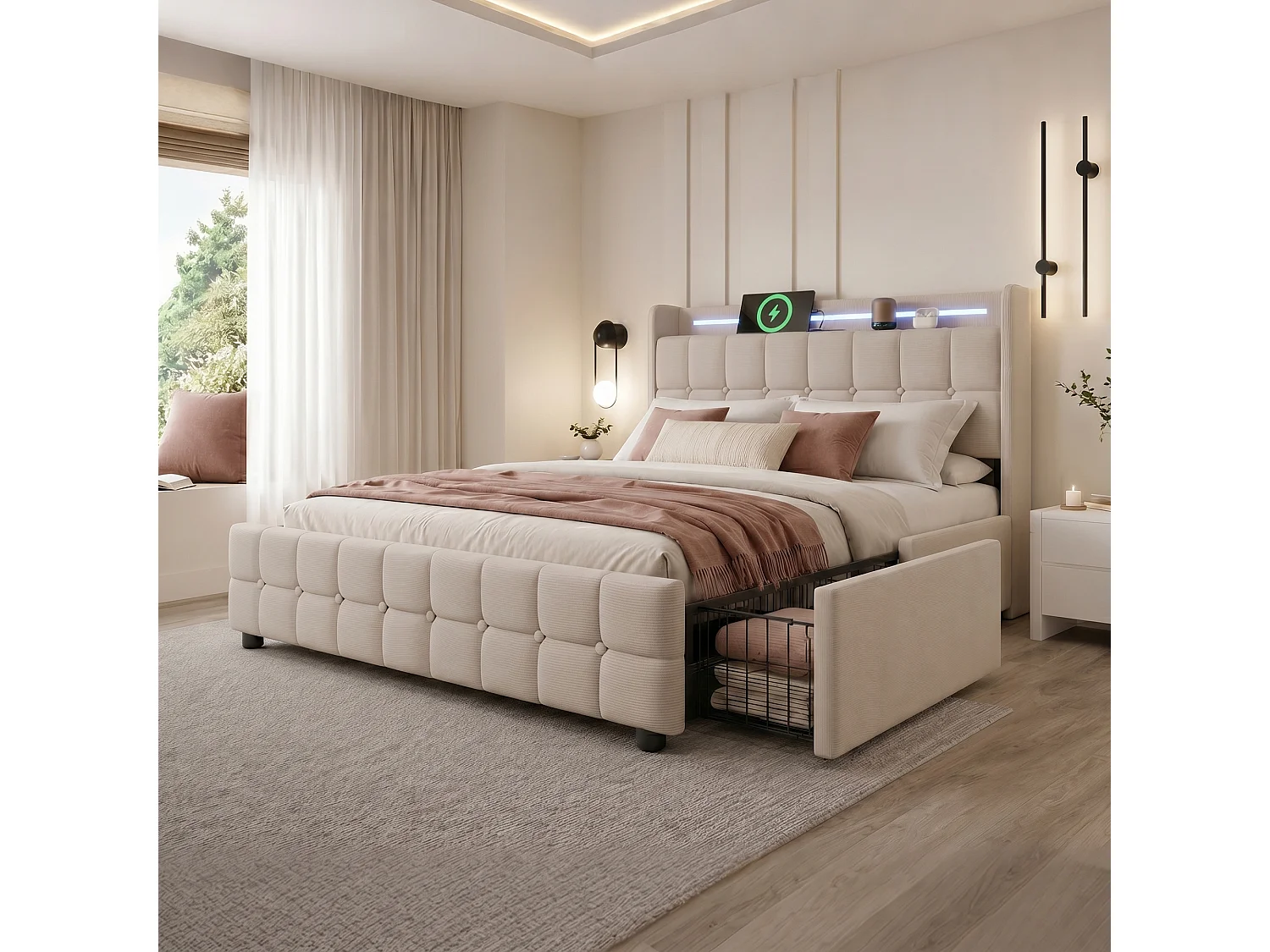 Gestoffeerd bed 160x200cm in linnen - met LED en USB oplaadpoorten - 2 lades - Beige