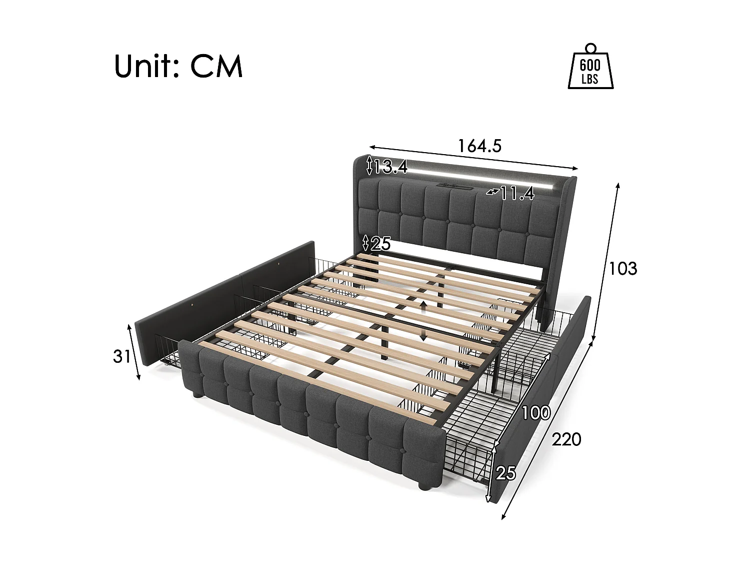 Gestoffeerd bed 180x200cm in linnen - met LED en USB oplaadpoorten - 2 lades - Grijs