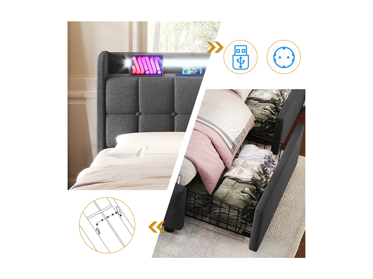 Letto imbottito 180x200 cm in lino - con LED e porte di ricarica USB - 2 cassetti - Grigio