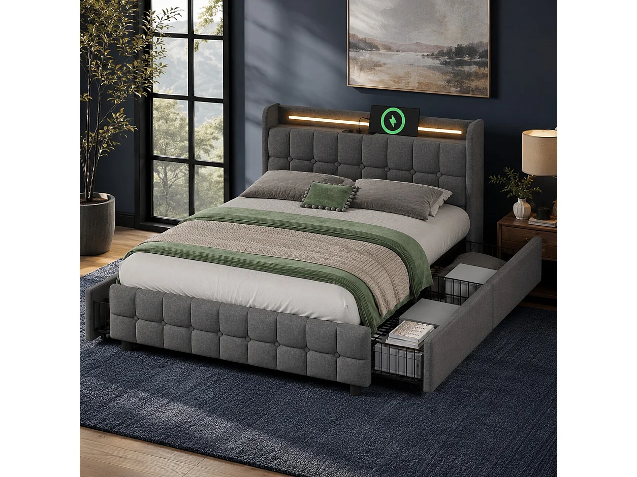 Lit rembourré 180x200cm en lin - avec LED et ports de charge USB - 2 tiroirs - Gris