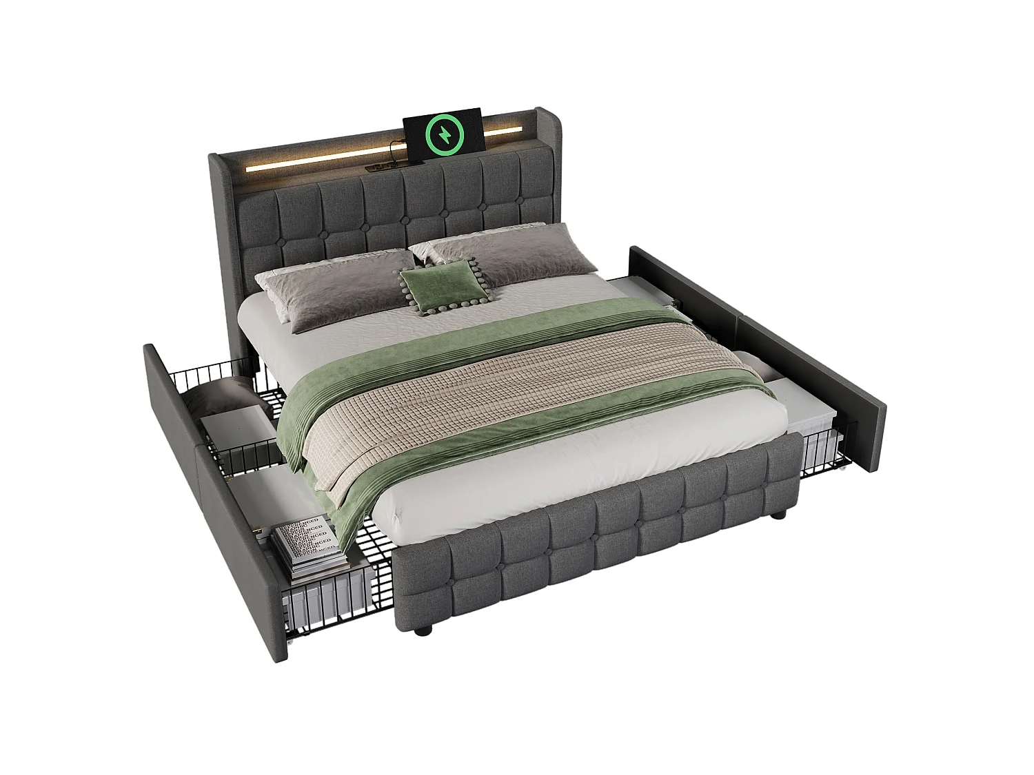 Lit rembourré 180x200cm en lin - avec LED et ports de charge USB - 2 tiroirs - Gris