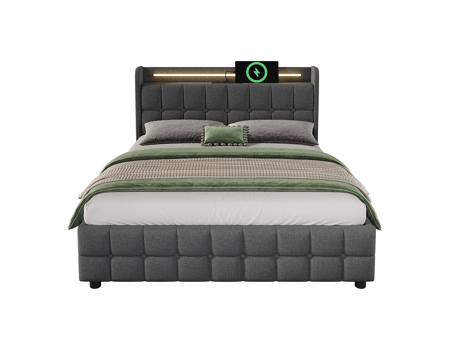 Lit rembourré 180x200cm en lin - avec LED et ports de charge USB - 2 tiroirs - Gris