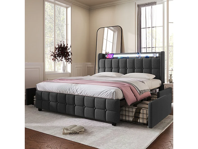 Letto imbottito 180x200 cm in lino - con LED e porte di ricarica USB - 2 cassetti - Grigio