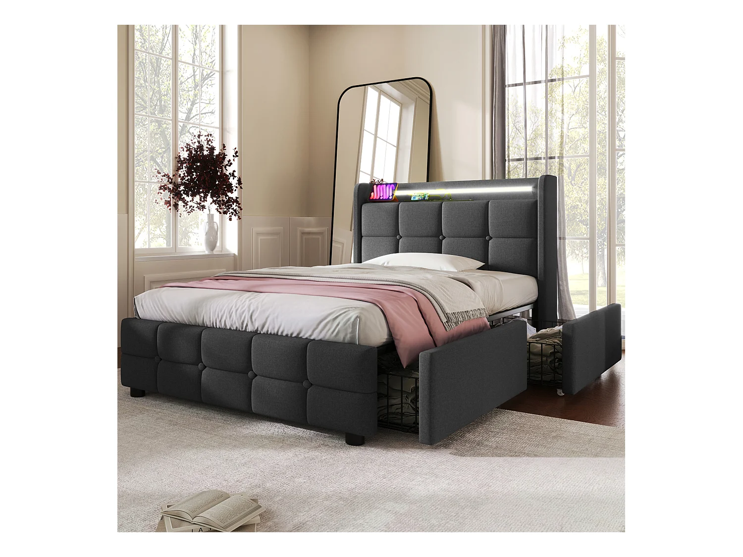 Lit adulte rembourré avec LED et 2 ports de charge USB - 2 tiroirs + sommier à lattes - tissu en lin - 90x200cm - Gris