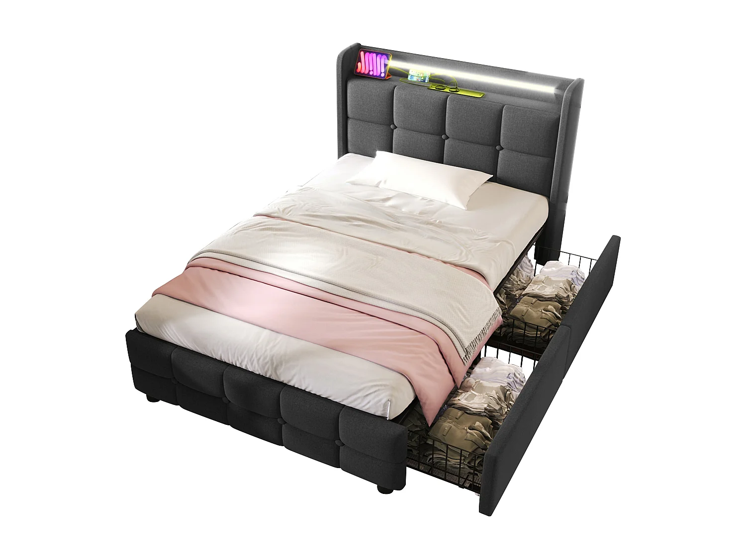 Gestoffeerd bed 90x200cm in linnen - met LED en USB oplaadpoorten - 2 lades - Grijs