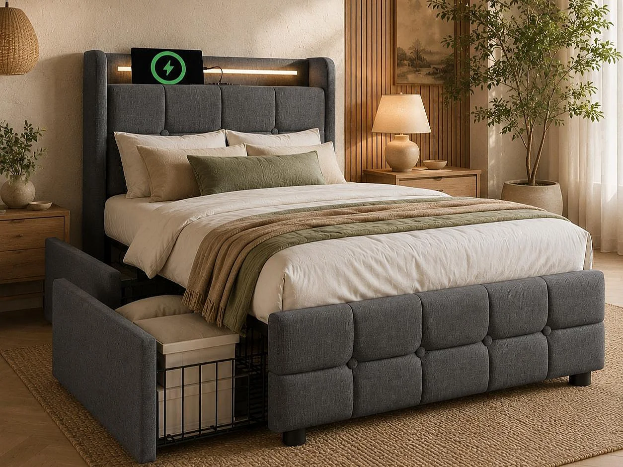 Polsterbett 90x200cm aus Leinen – mit LED- und USB-Ladeanschlüssen – 2 Schubladen – Grau