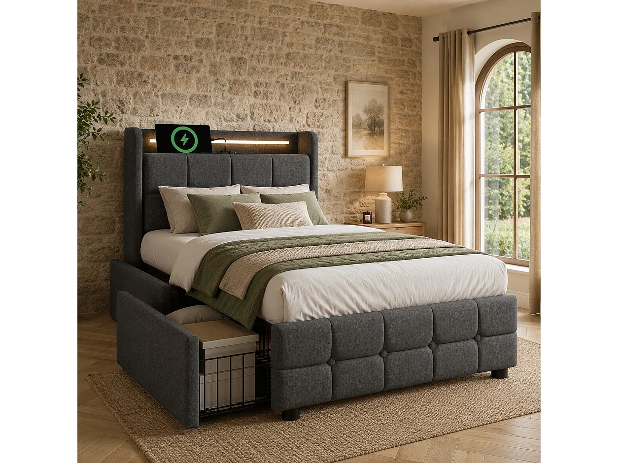 Polsterbett 90x200cm aus Leinen – mit LED- und USB-Ladeanschlüssen – 2 Schubladen – Grau