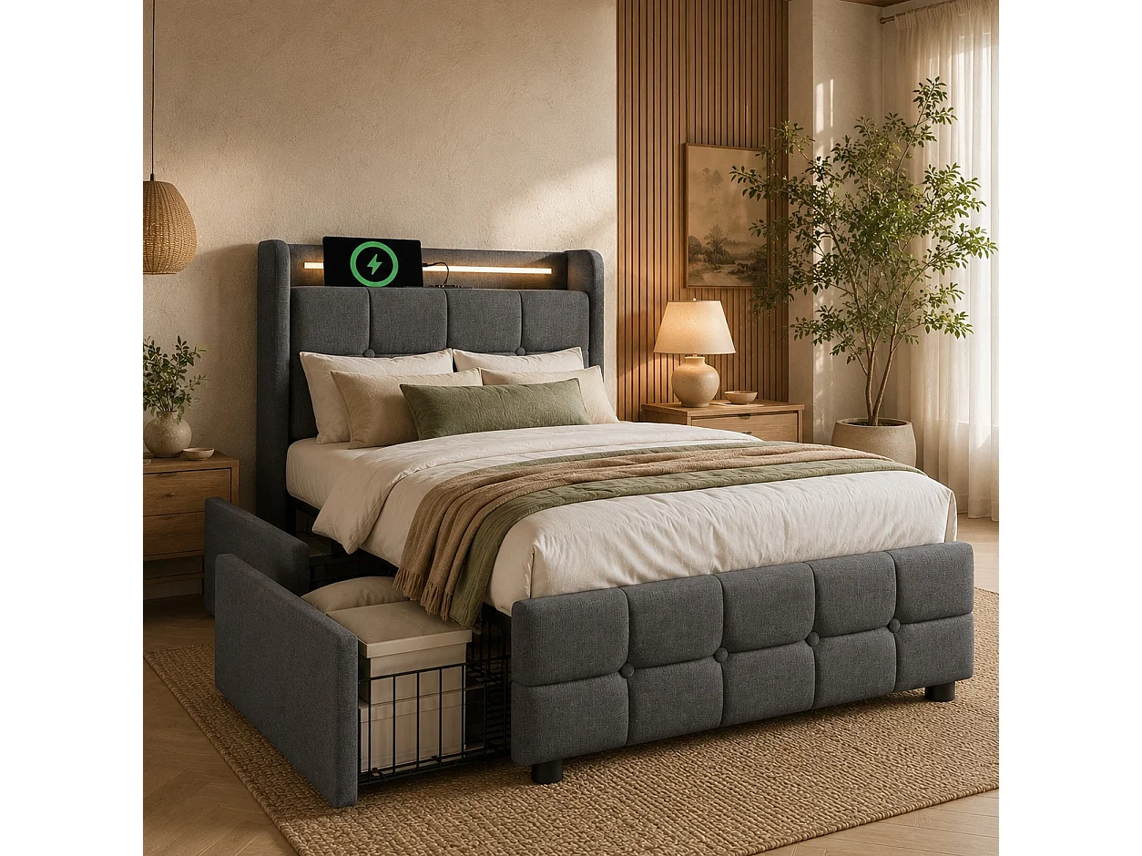 Polsterbett 90x200cm aus Leinen – mit LED- und USB-Ladeanschlüssen – 2 Schubladen – Grau