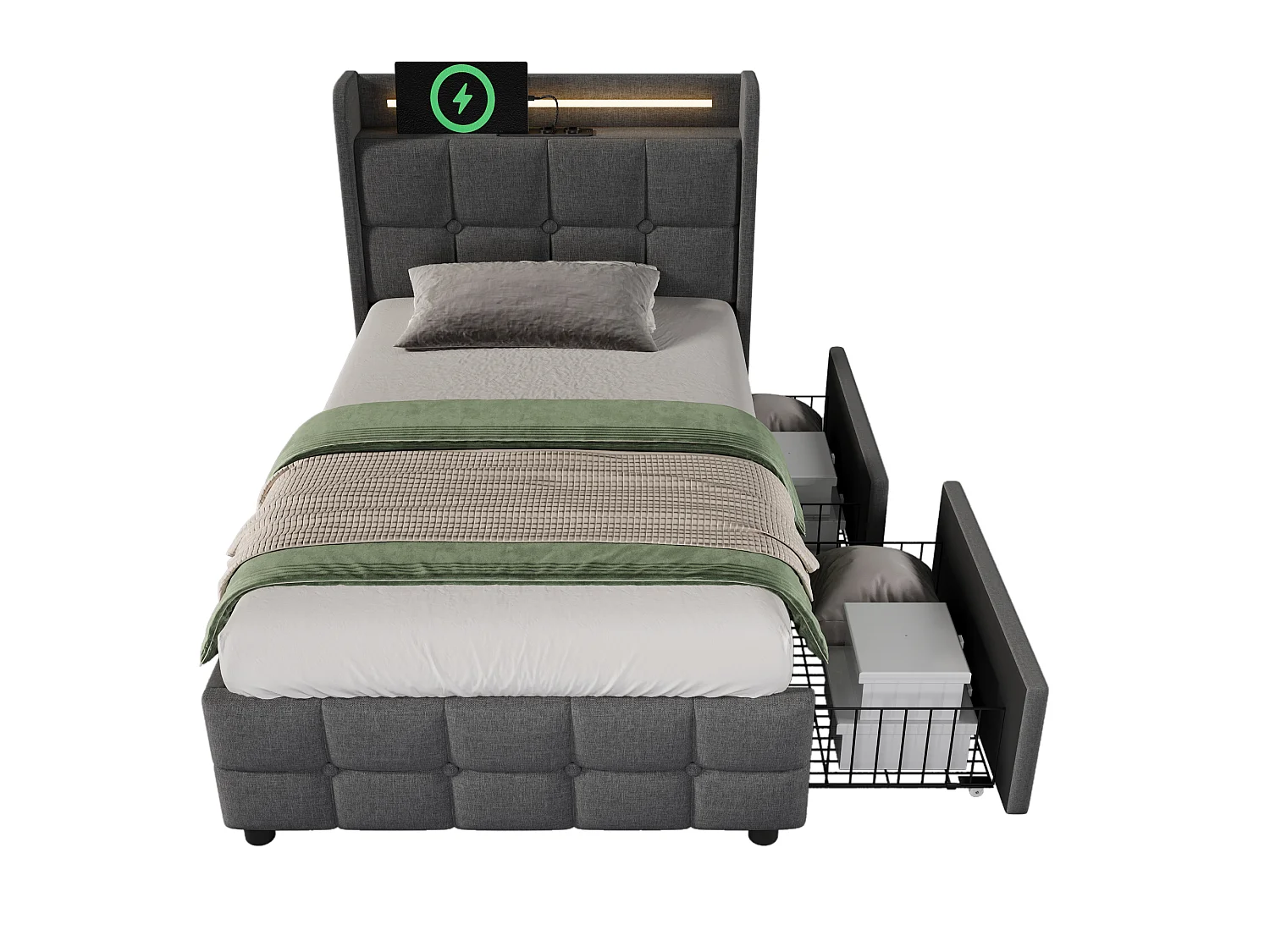 Polsterbett 90x200cm aus Leinen – mit LED- und USB-Ladeanschlüssen – 2 Schubladen – Grau