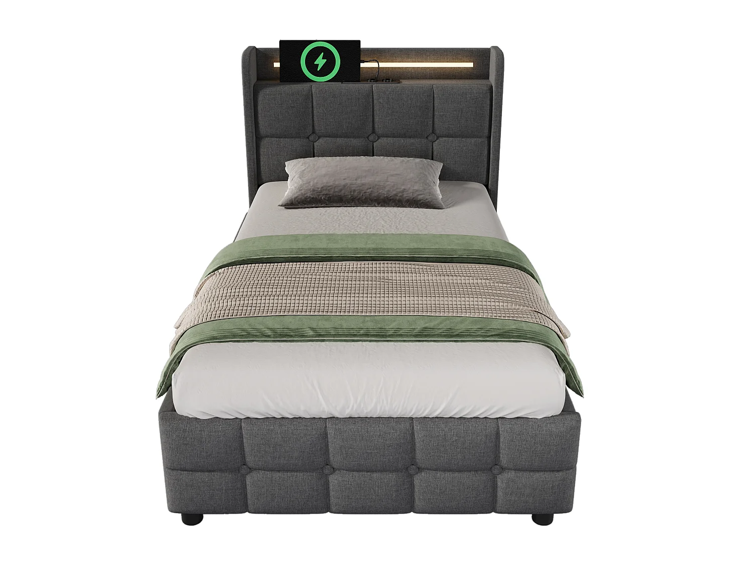 Polsterbett 90x200cm aus Leinen – mit LED- und USB-Ladeanschlüssen – 2 Schubladen – Grau
