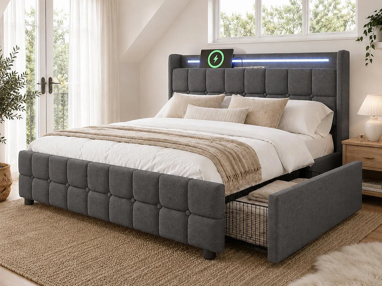 Gestoffeerd bed 140x200cm in linnen - met LED en USB oplaadpoorten - 2 lades - Grijs