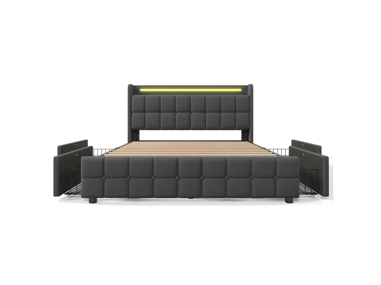 Gestoffeerd bed 140x200cm in linnen - met LED en USB oplaadpoorten - 2 lades - Grijs