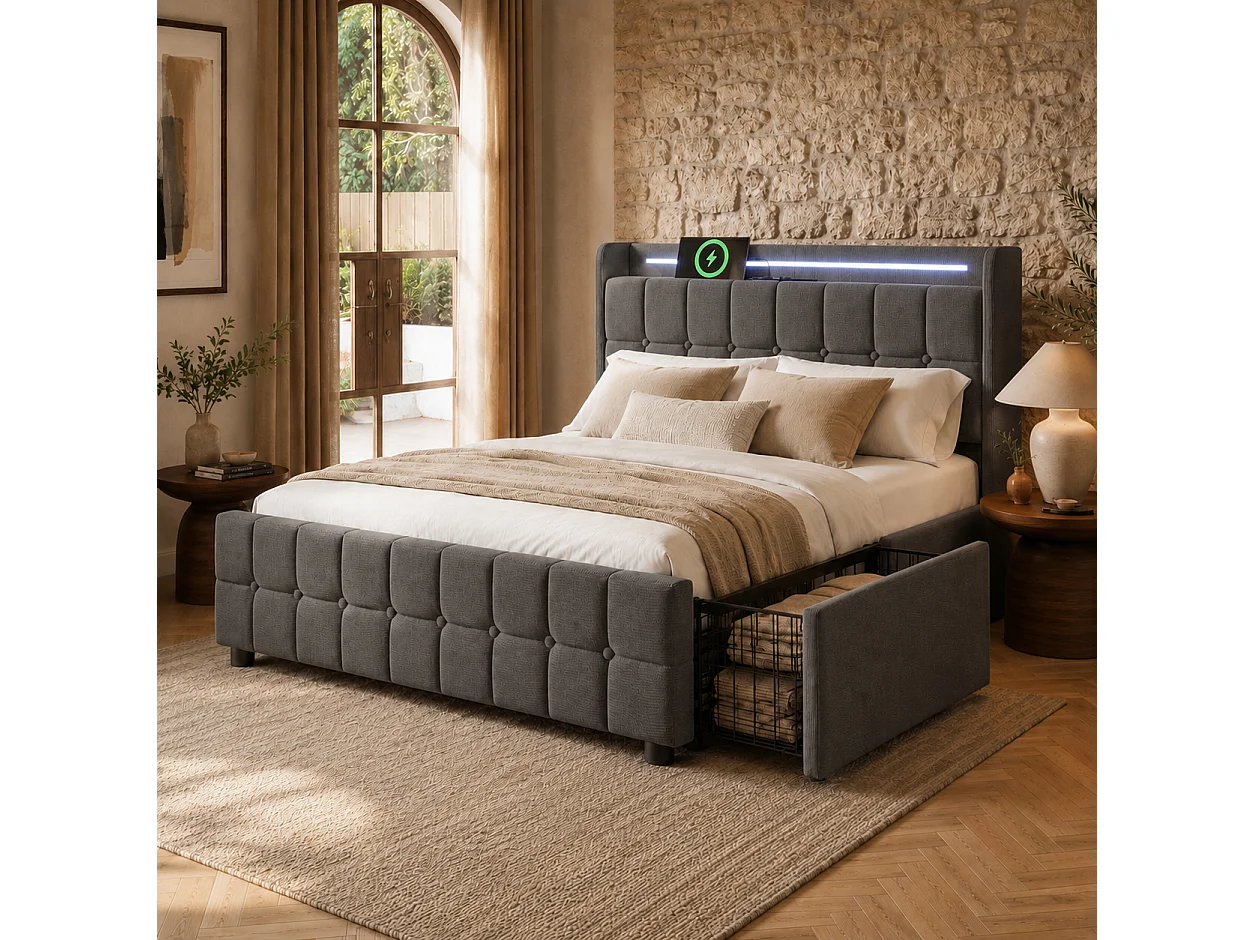 Lit rembourré 140x200cm en lin - avec LED et ports de charge USB - 2 tiroirs - Gris
