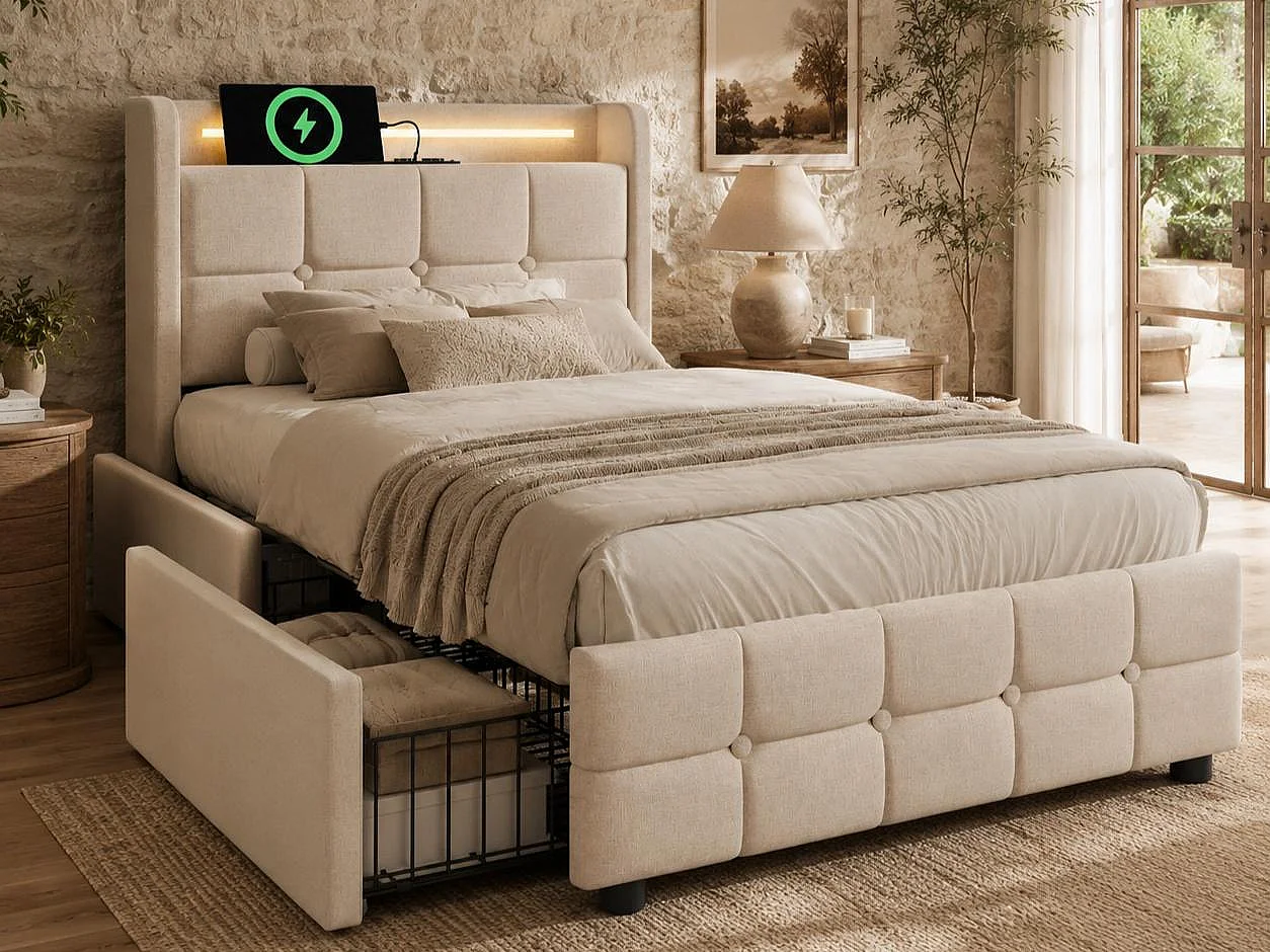 Lit rembourré 90x200cm en lin - avec LED et ports de charge USB - 2 tiroirs - Beige