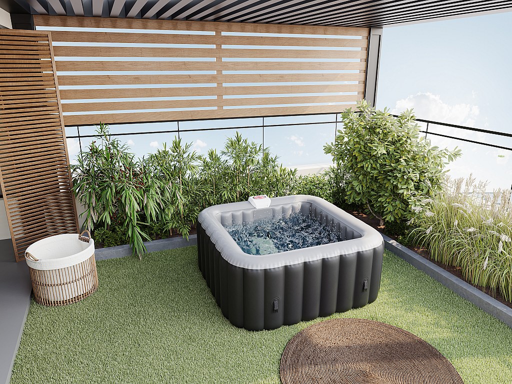 Aufblasbarer Whirlpool für 4 Personen - quadratisch - 154 x 154 x 65 cm - 120 Wasserdüsen - Schwarz & Grau - B-COSY II