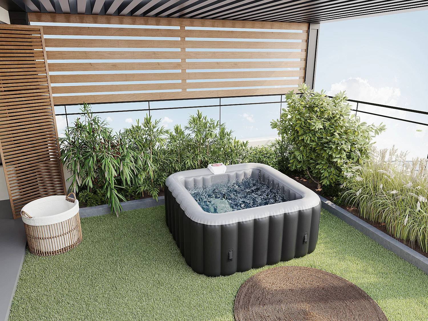 Spa gonflable carré 4 places - L154 x P154 x H65 cm - 120 buses d'air - Noir et gris - B-COSY II