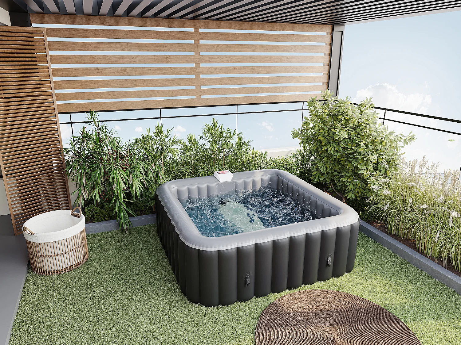Spa gonflable carré 6 places - L185 x P185 x H65 cm - 140 buses d'air - Noir et gris - B-COSY II
