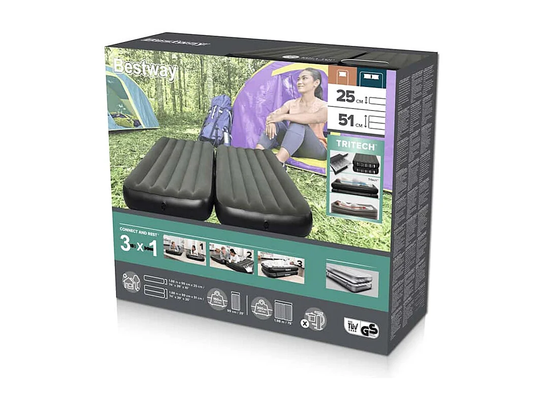 Colchão insuflável 3 em 1 188x99x25 cm preto e cinzento