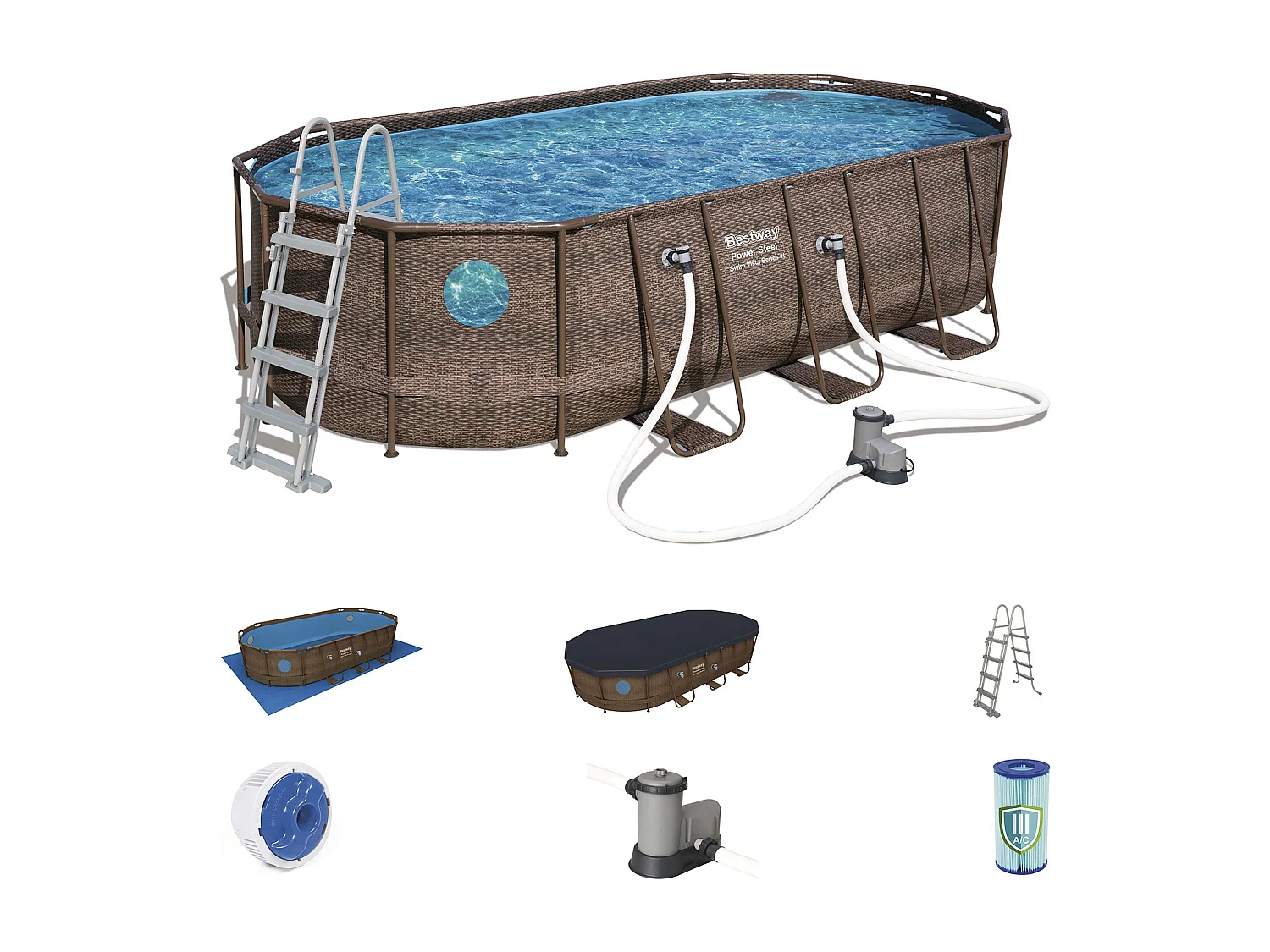 Piscine Hors-sol Tubulaire Bestway Power Steel Design Rotin 549x274x122cm Filtre à Cartouche 5.678 litres/h Échelle et Bâche