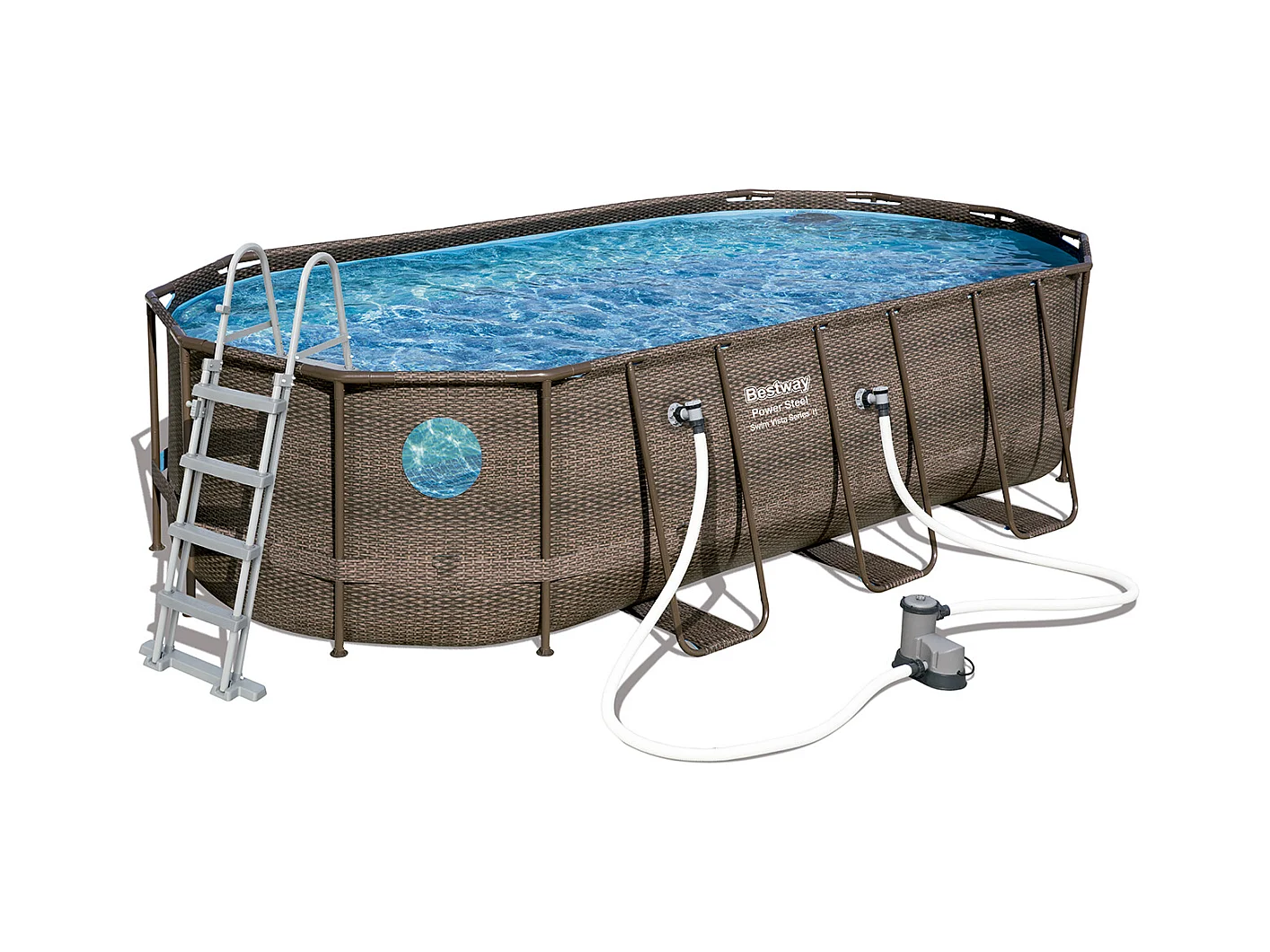 Piscina Desmontable Tubular Bestway Power Steel Diseño Rattan 549x274x122 cm Depuradora de Cartucho de 5.678 L/H Con Escalera y Cobertor