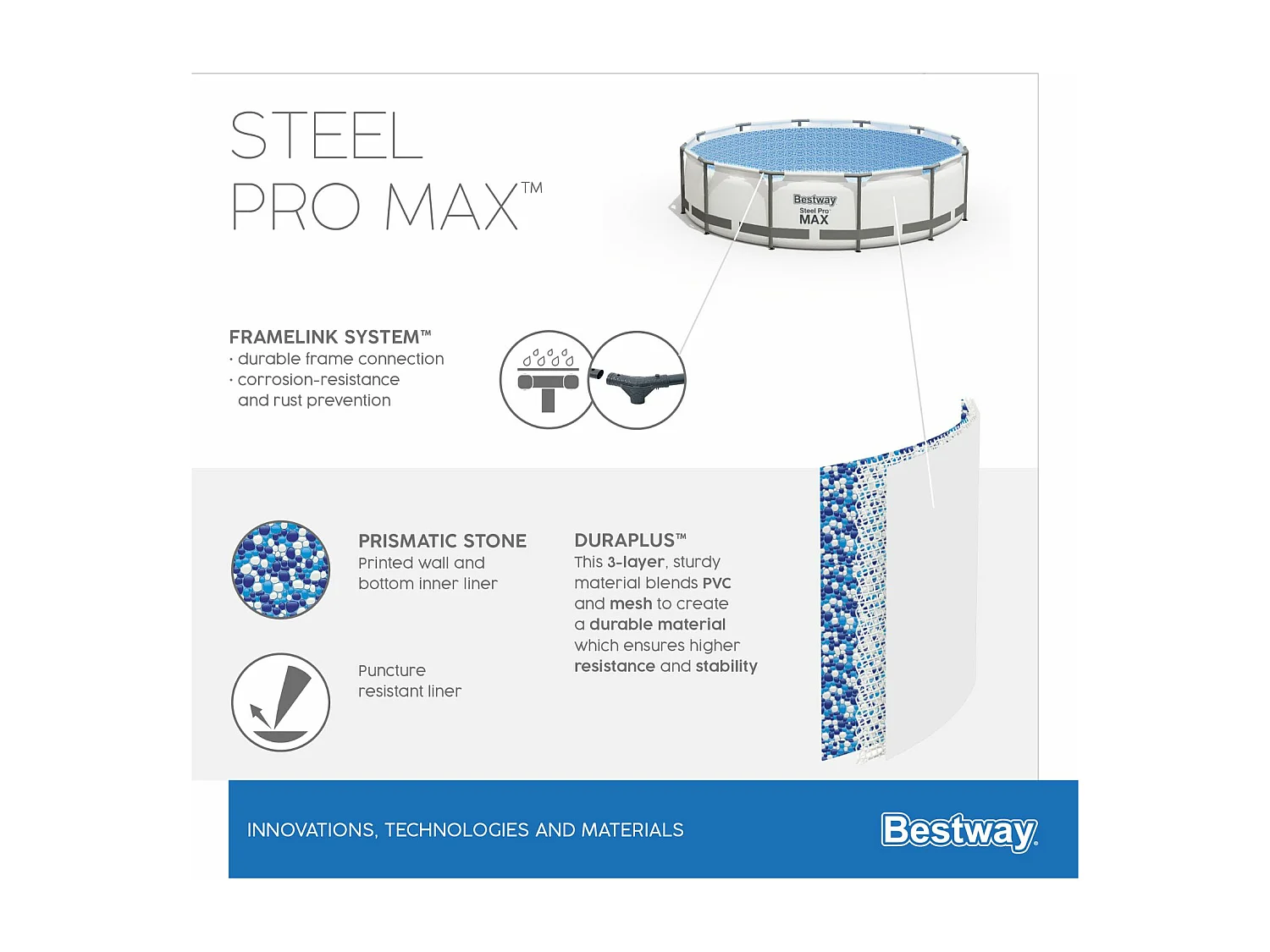 Piscina Fuori Terra Tubolare Bestway Steel Pro Max 305x100 cm con Pompa Filtro a Cartuccia 1.249 L/H con Scaletta