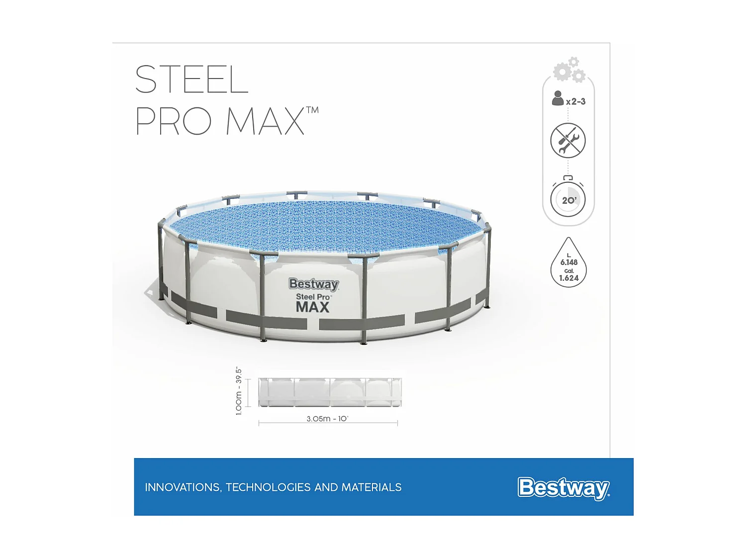 Piscina Fuori Terra Tubolare Bestway Steel Pro Max 305x100 cm con Pompa Filtro a Cartuccia 1.249 L/H con Scaletta