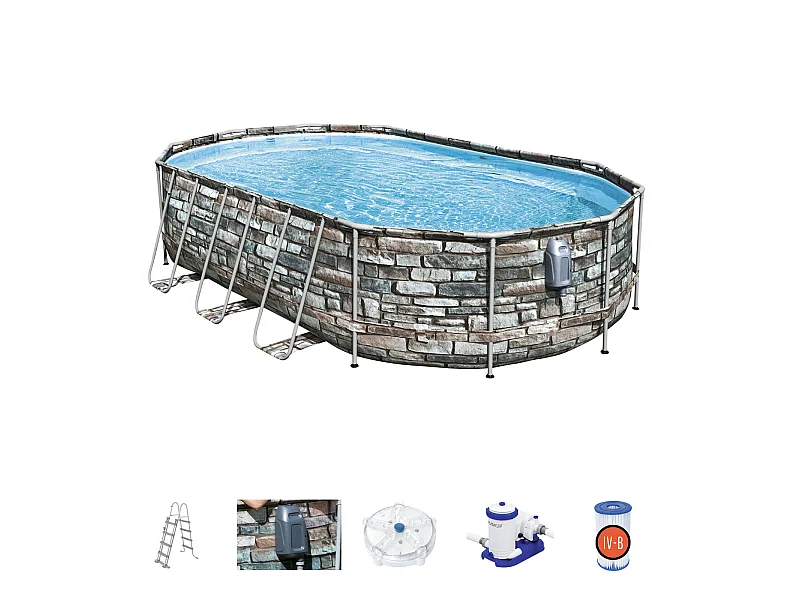 Piscine Hors-sol Tubulaire Bestway Power Steel Oval Design Pierre 610x366x122cm Épurateur à Cartouche 9.463 L/H Échelle