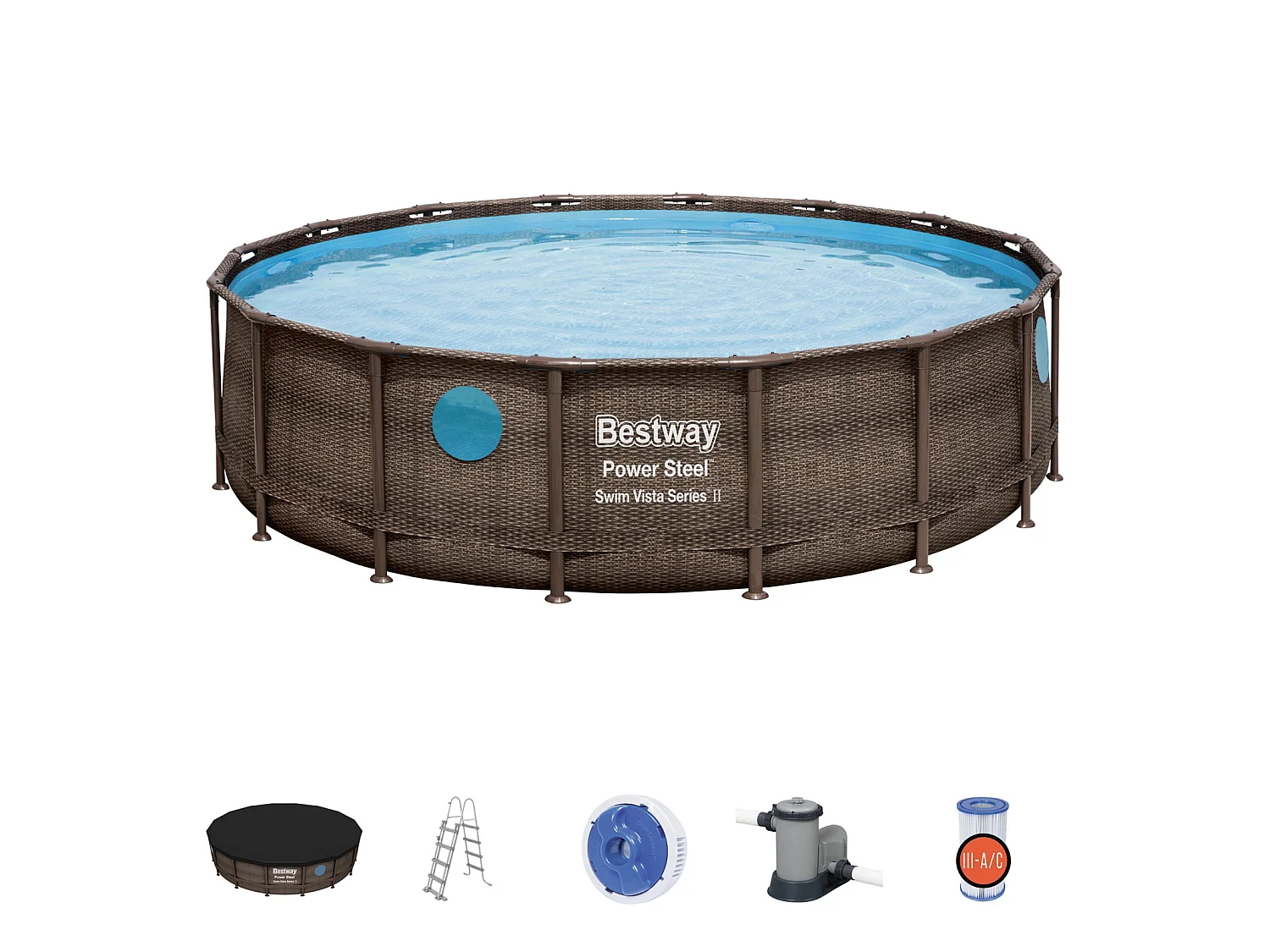 Piscina Desmontable Tubular Bestway Power Steel Diseño Ratán 488x122 cm Depuradora Cartucho 5.678 L/H Cobertor y Escalera