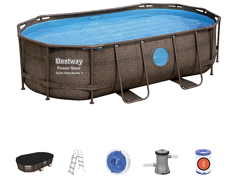 Piscine Hors-sol Tubulaire Bestway Power Steel Ovale Imitation Rotin 427x250x100 cm Épurateur à Cartouche de 2006 L/H