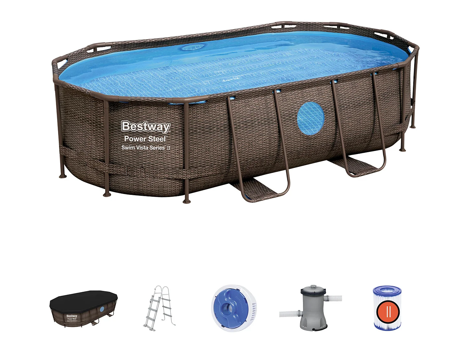 Piscina Fuori Terra Bestway Power Steel Ovale Effetto Rattan 427x250x100 cm con Pompa Filtro a Cartuccia 2.006 L/H