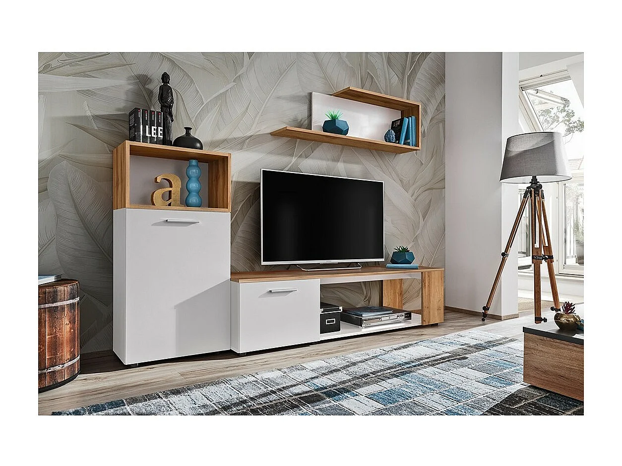 Ensemble de 3 meubles design pour votre salon collection MOZES. Coloris blanc et chêne