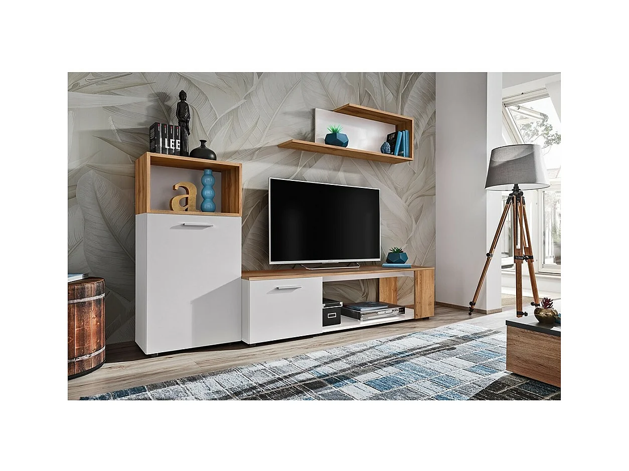 Conjunto de 3 móveis design para sua sala de estar, coleção MOZES. Cores branco e carvalho.