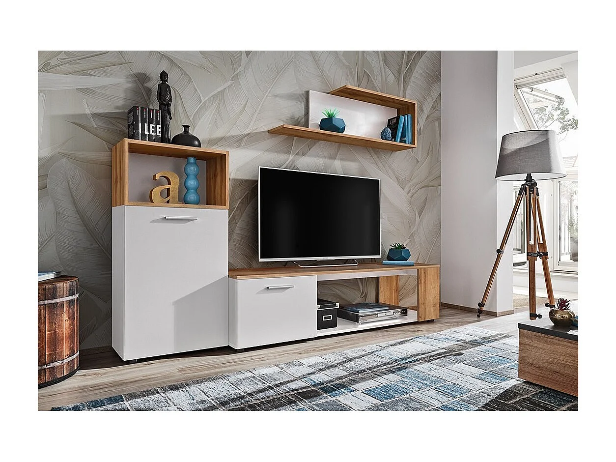 Ensemble de 3 meubles design pour votre salon collection MOZES. Coloris blanc et chêne