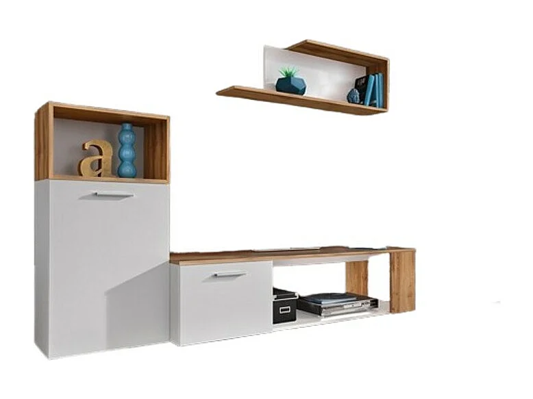 Set di 3 mobili design per il tuo soggiorno, collezione MOZES. Colori bianco e rovere.
