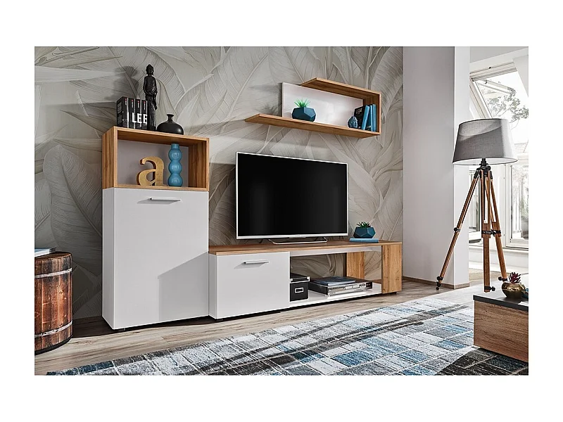 Set di 3 mobili design per il tuo soggiorno, collezione MOZES. Colori bianco e rovere.