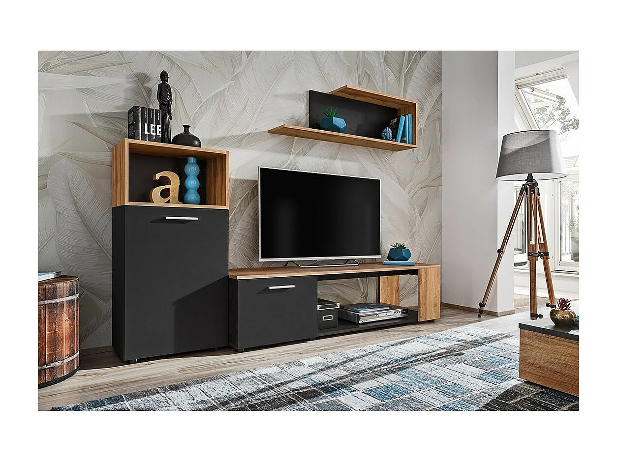 Ensemble de 3 meubles design pour votre salon collection MOZES. Coloris noir et chêne