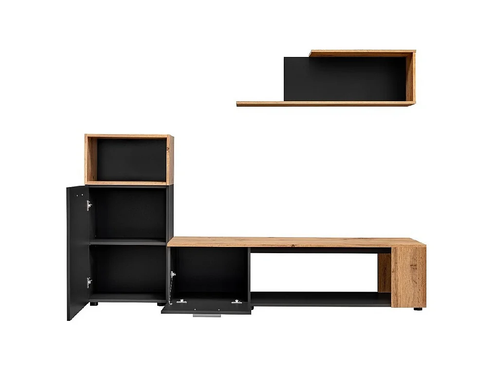 Conjunto de 3 móveis design para a sua sala de estar, coleção MOZES. Cores preto e carvalho.