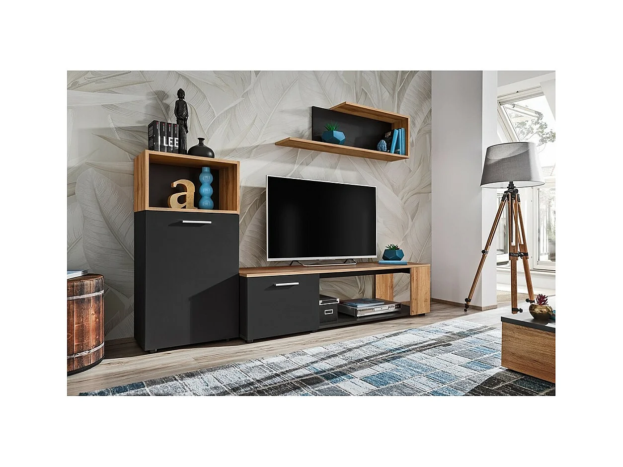 Conjunto de 3 móveis design para a sua sala de estar, coleção MOZES. Cores preto e carvalho.